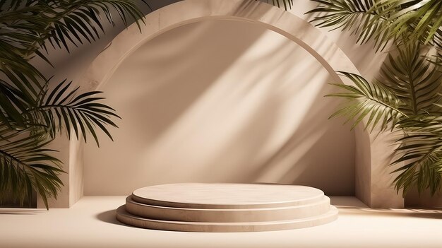 Beige Marble Podium with Palm Shadow Backdrop