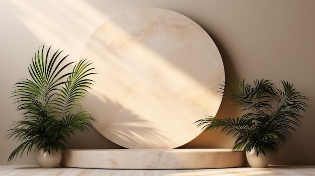 Beige Marble Podium with Palm Shadow Backdrop