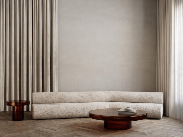 Beige minimalistisch interieur met tube boucle bank oranje glazen koffietafels gordijnen en houten vloer