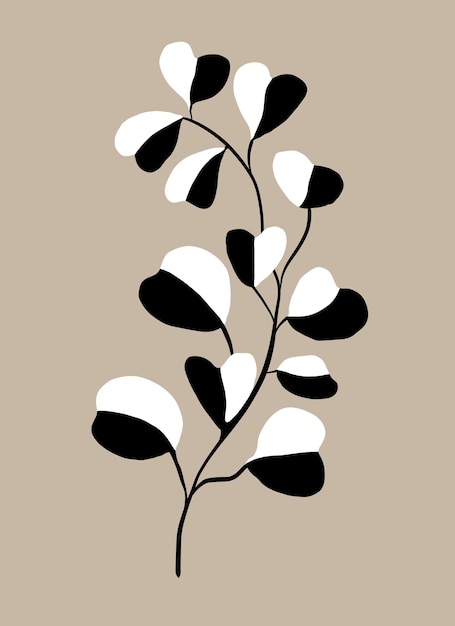 Beige Modern Botanical Floral Shapes Black and White Flowers Minimalist Rustic Art