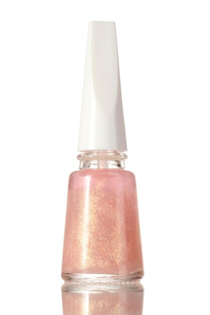 Beige nail polish with sparkles isolated on white