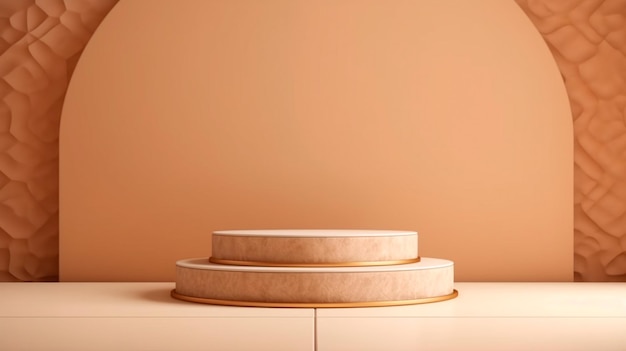 ベージュの自然な表彰台の台座の製品表示の背景にテクスチャと影が付いており、豪華でエレガントでモダンな生成AIイラスト