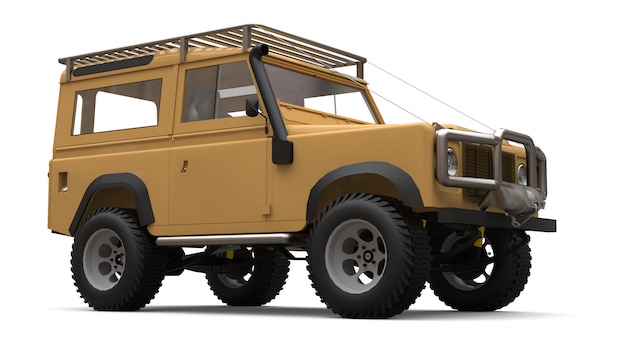 Beige old small SUV tuned for difficult routes and expeditions 