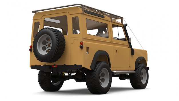 Beige old small SUV tuned for difficult routes and expeditions 