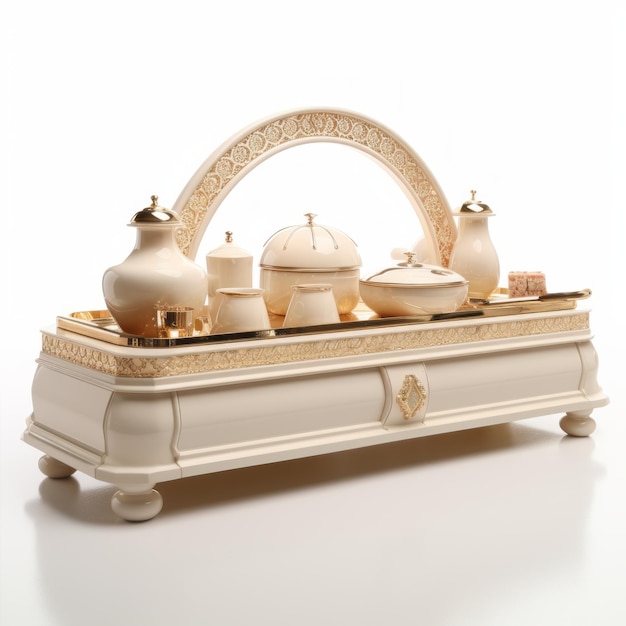 Beige Ottoman Culture Buffet With Gold Pots And Silverware