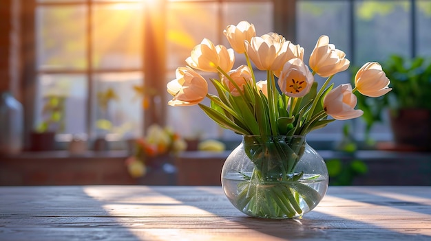 Бежевые персиковые тюльпаны на столе в стеклянной вазе в светлой комнате