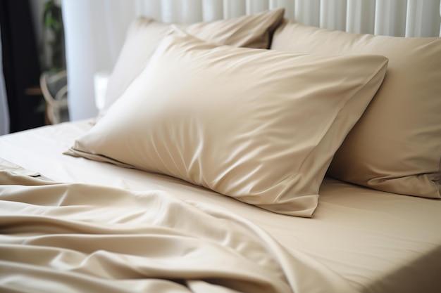 ベッドに毛布と布団をかぶったベージュ色の枕