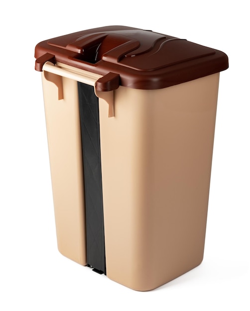 Beige plastic waste bin isolated on white