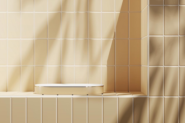 Beige platform met witte top op beige tegels in een zonnige badkamer 3D-weergave