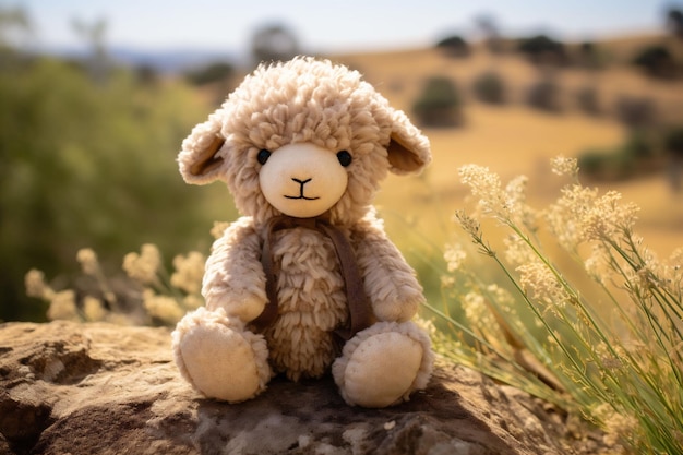 黄色いフィールドの自然の背景に地面に座っているベージュ色の毛皮の羊のおもちゃは,子供たちのストーリーテリングやエコフレンドリーなおもちゃに使用できます.
