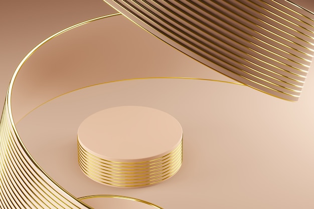 抽象的な柔らかい背景にベージュの表彰台ベージュのリボンと表彰台の周りに曲がるゴールドラインのテクスチャ
