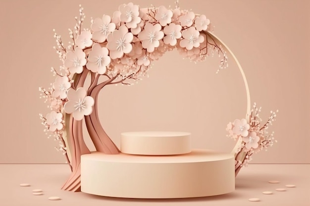 Beige podium display with Sakura pink flower tree branch Cosmetic or beauty product promotion step floral pedestal