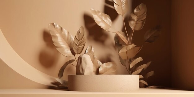 Beige podium for product display presentation Sandstone and sandy colored plants Generative AI