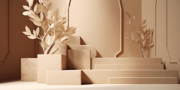 Beige podium for product display presentation Sandstone and sandy colored plants Generative AI