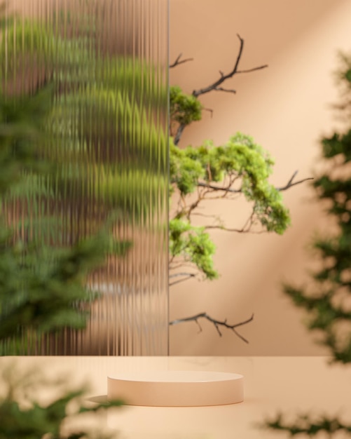 Beige podium stand on green bonsai tree background for product placement 3d render