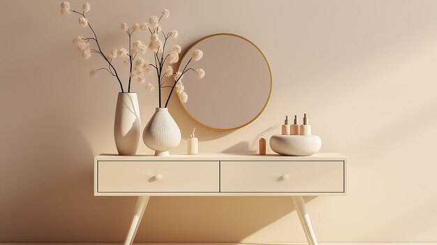 A beige room with a mirror and vases on a table