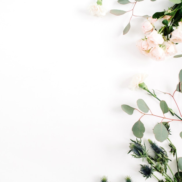 Beige rose flowers, eringium flower, eucalyptus branches on white