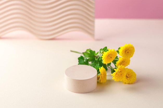 Beige round podium for advertising cosmetic products Cosmetics advertising mockup