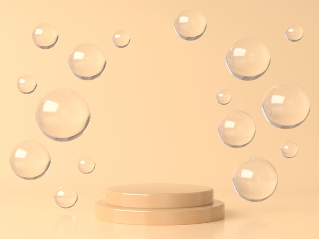 Beige round stage pedestal or podium and water and glass bubbles or spheres in beige studio 3d rendering