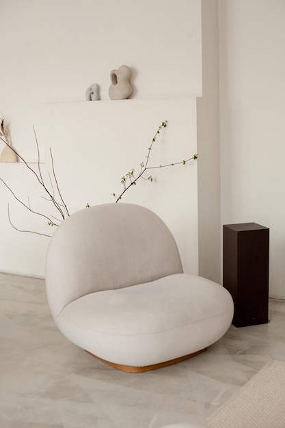 Beige roze warme esthetische elegante mooie moderne neutrale gezellige bank in woonkamer binnenruimte