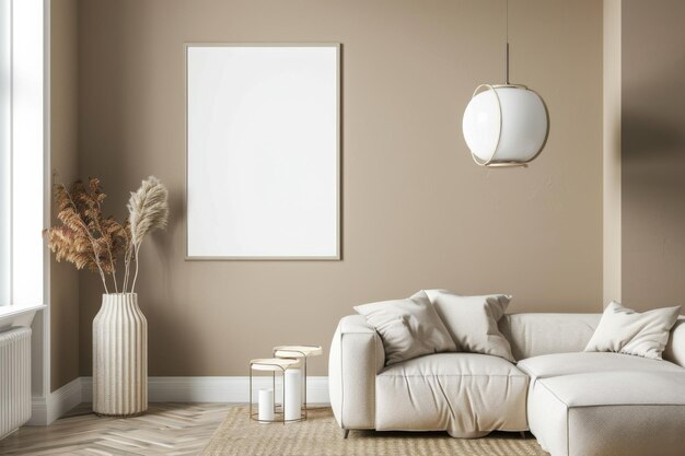 Photo beige scandinavian interior with poster mockup created with generative ai