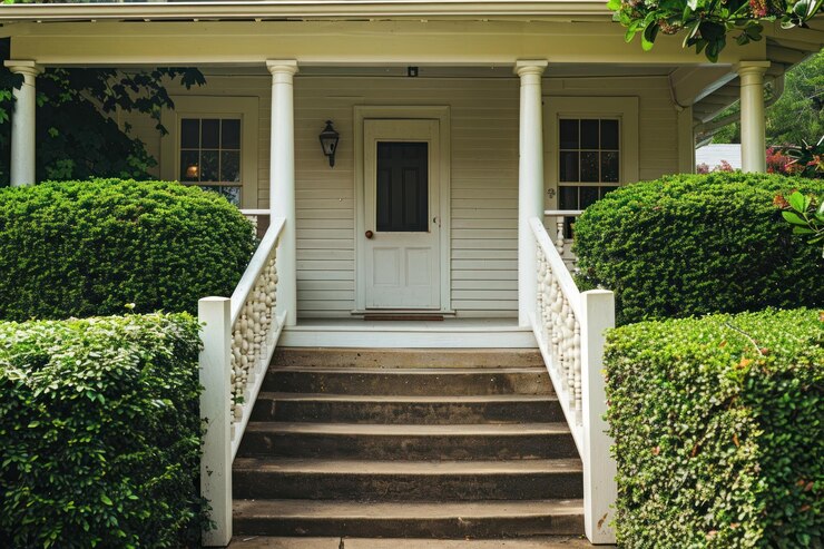 Photo beige siding house exterior staircase porch architecture