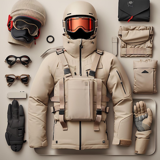 Beige ski jacket and other gear is laying on a white area