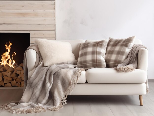 Foto divano beige a quadri e cuscini di pelliccia camino hygge design d'interni scandinavo modern living ro