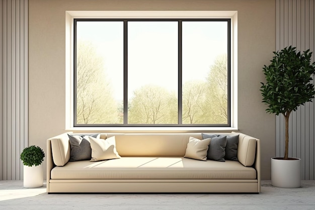 창문이 내려다보이는 현대적인 고급 객실에서 베이지색 소파와 전통적인 패널 벽 모형