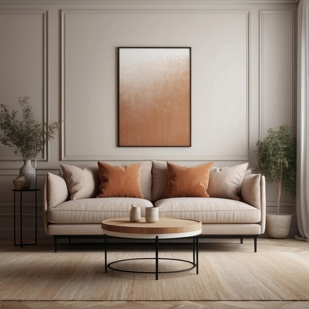 Beige sofa with terra cotta pillows against wall with empty mock up poster frame