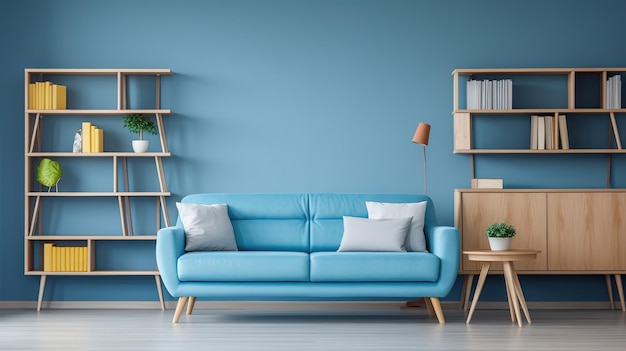 Beige sofa with white pillows and table on the side with lamp white wall minimalist interior desig