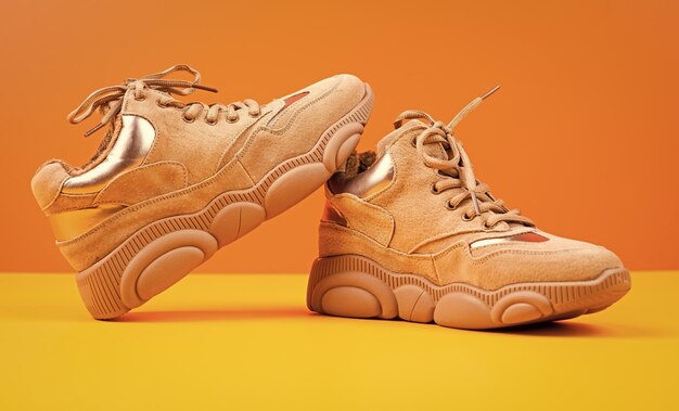 Beige sport shoes on orange background footwear