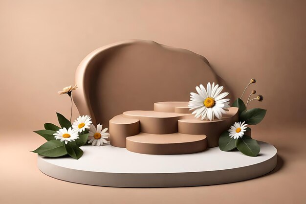 Beige stone podium with daisy flowers