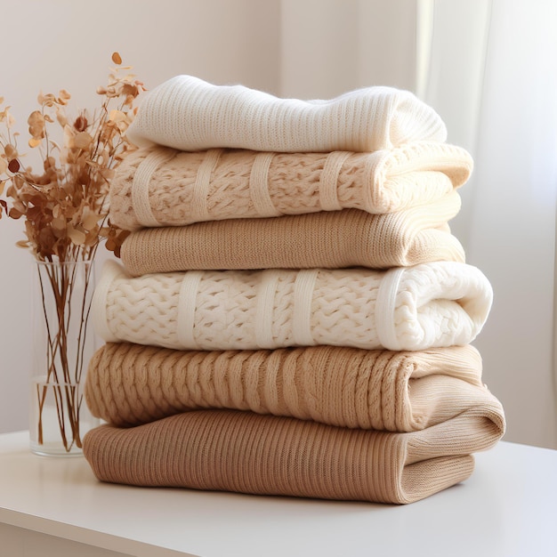 Beige sweaters stacked on a white surface