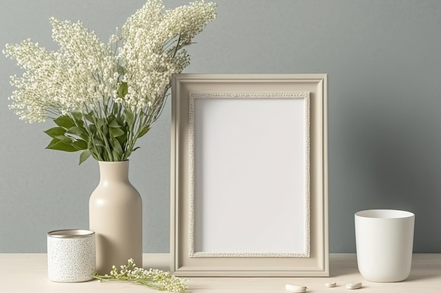 On a beige table are a blank picture frame an aroma candle and a vase of gypsophila flowers Front mockup view