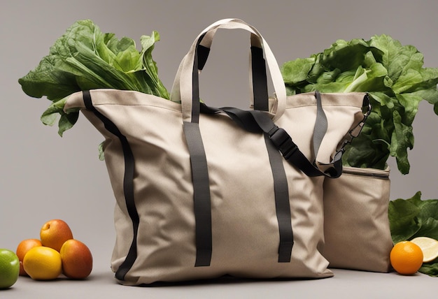 Foto beige tas met groenten en fruit op grijze achtergrond