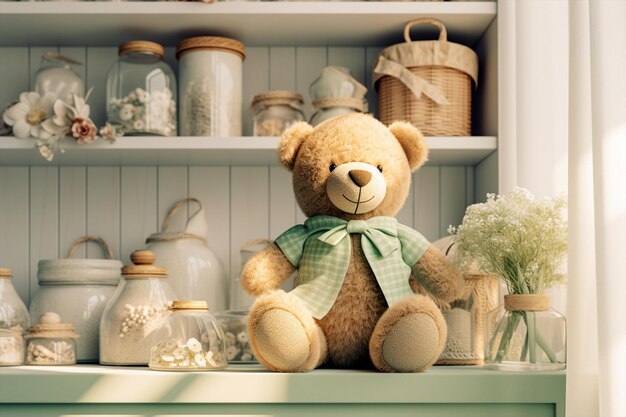 Beige teddy bear in green clothes standing on the shelf Generated Al