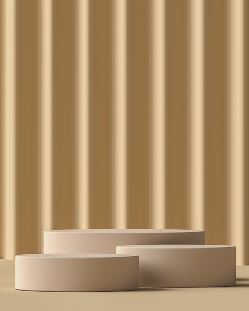 Beige three cylindrical plinth in beige scene corrugated panel background, minimal mockup background for branding and product presentation. 3d rendering