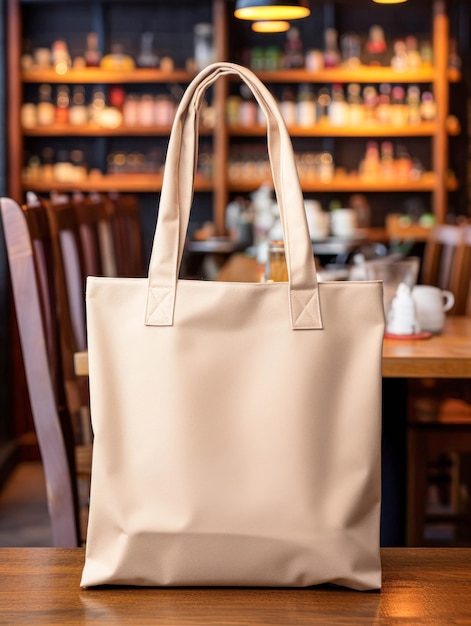 Beige Tote Canvas Fabric Bag Setup In A Restaurant Coffee Shop Interior Tote Mock Up Blank