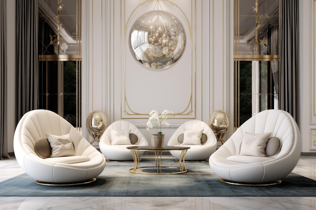 Beige tufted sofa and golden egg chairs on white carpet