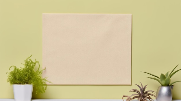 Photo beige twill sign mockup with green plant pots and lime background