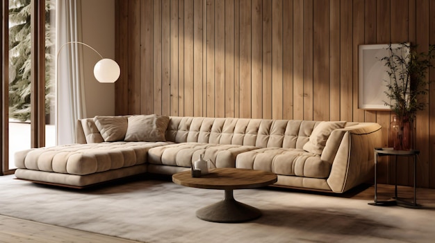 Beige velvet corner tufted sofa in room with wood wall