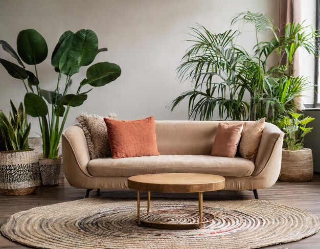 Photo beige velvet sofa with terra cotta cushions between houseplants wooden round coffee table near ottom...