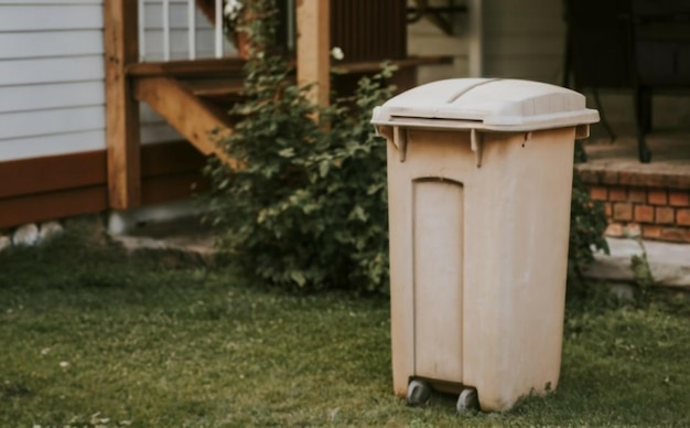 Beige vuilnisbak in de achtertuin van een huis