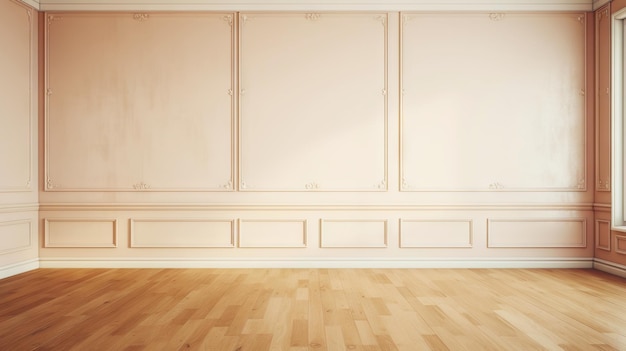 Beige wall empty apartment room with wooden floor Copy space for product placement Generative AI