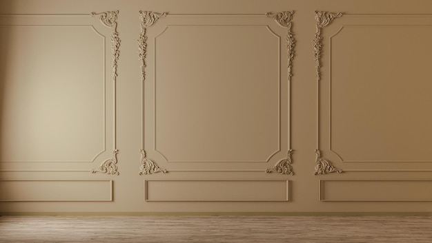 Beige wall with classic style mouldings and wooden floor empty room interior 3d render