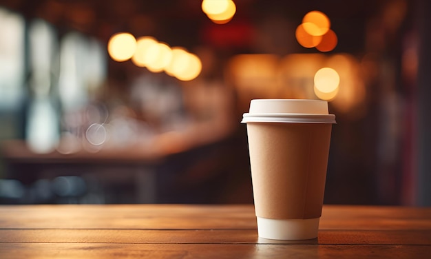 Beige wegwerp papieren kopje koffie voor op bruin houten dek tafelblad in de wazige koffieshop of café achtergrond Leeg blanco kopie ruimtegebied voor tekst Bokeh lichten Hoge kwaliteit foto