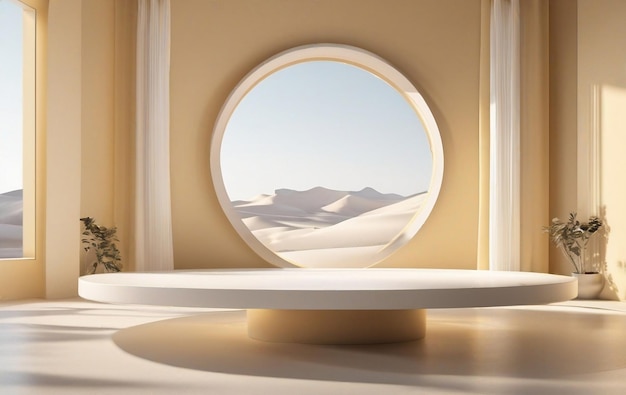 Beige witte podium product achtergrond in geelbruin modern interieur met uitzicht op de woestijn