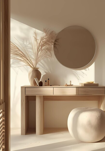 beige wooden vanity with round mirror near wall