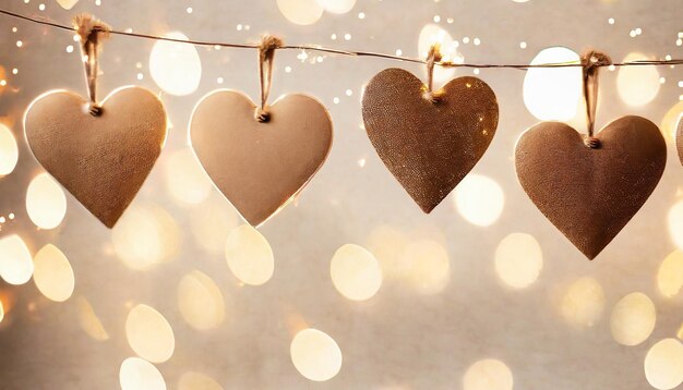 Beigebrown harten op touw met bokeh lichten ideaal voor valentijnsdagen bruiloften verjaardagen een warme